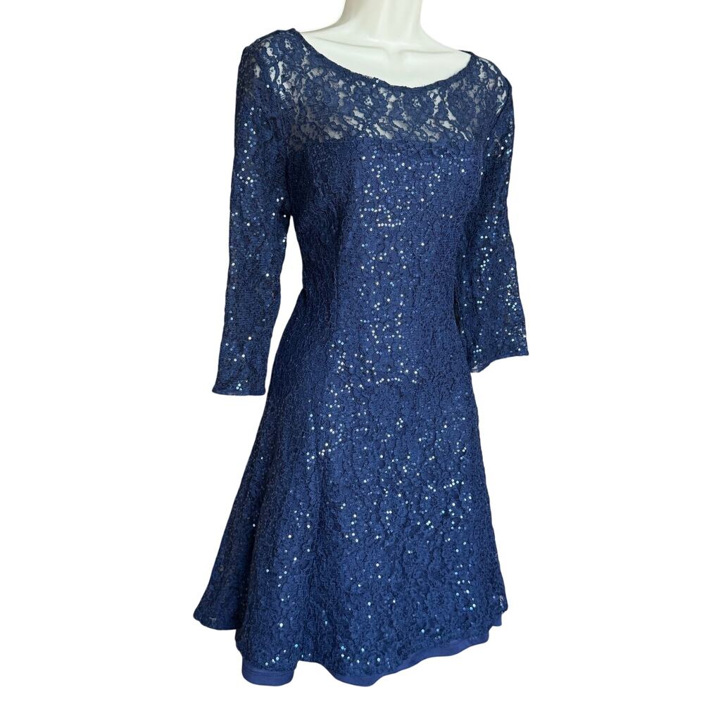 SL Fashions Navy Embellished Lace A-Line Dress 14 NWT - Picture 2 of 9